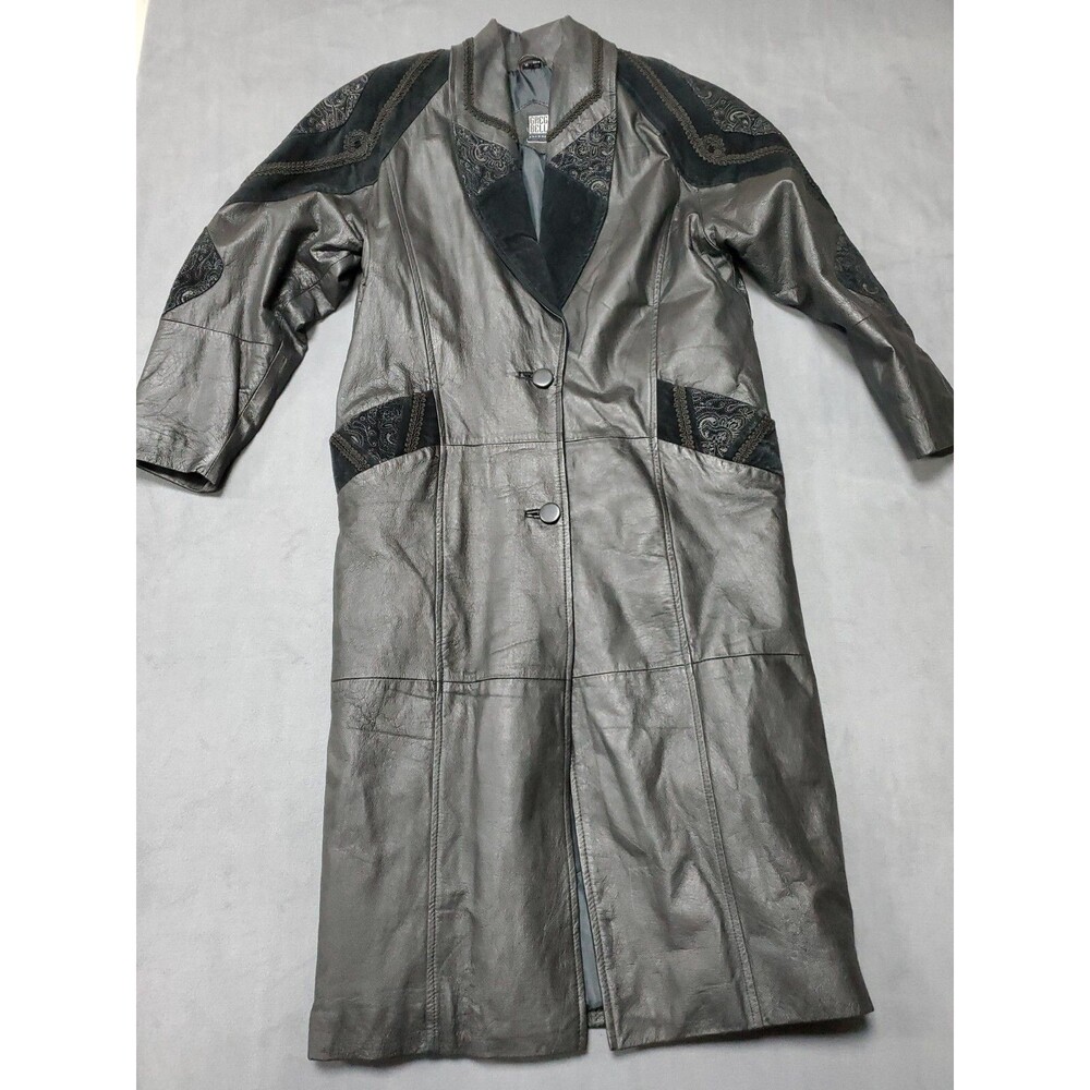 VTG 80's 90's Greg Bell Black Genuine Leather Trench Coat Jacket Medium Paisley